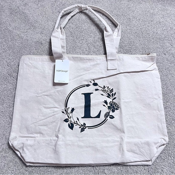 NWT Top Design canvas cotton monogram tote bag with zipper - Picture 1 of 8